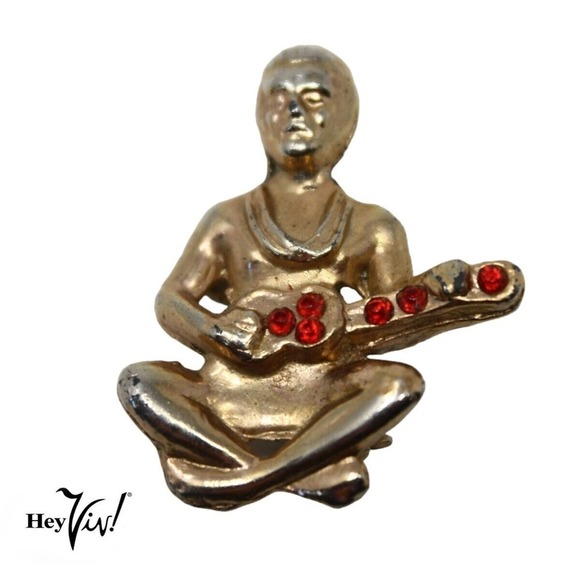 Vintage Pin Guitar Player Seated Musician w Rhinestone Guitar 1 3/8" - Hey Viv - Picture 1 of 6